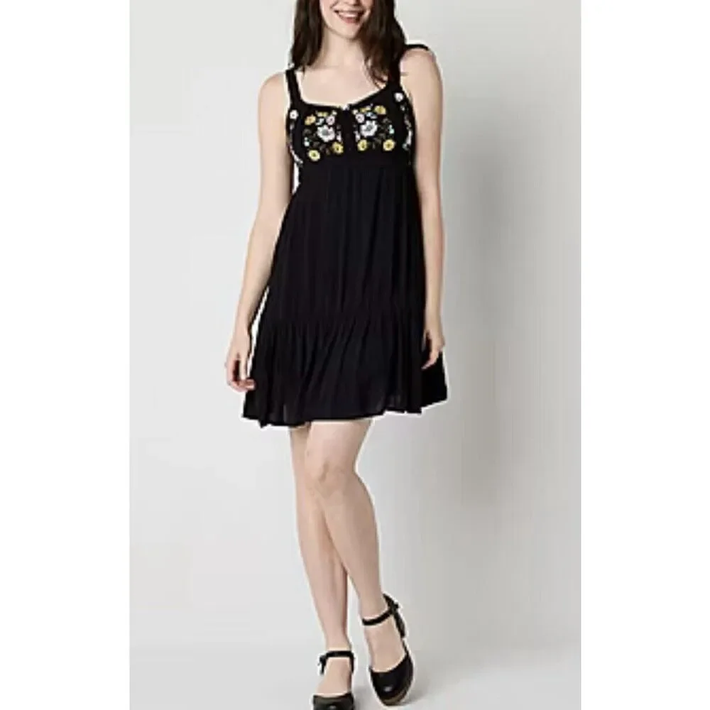 Arizona Jean Co Dress Size XXL Black Floral Embroidered Boho Peasant Babydoll